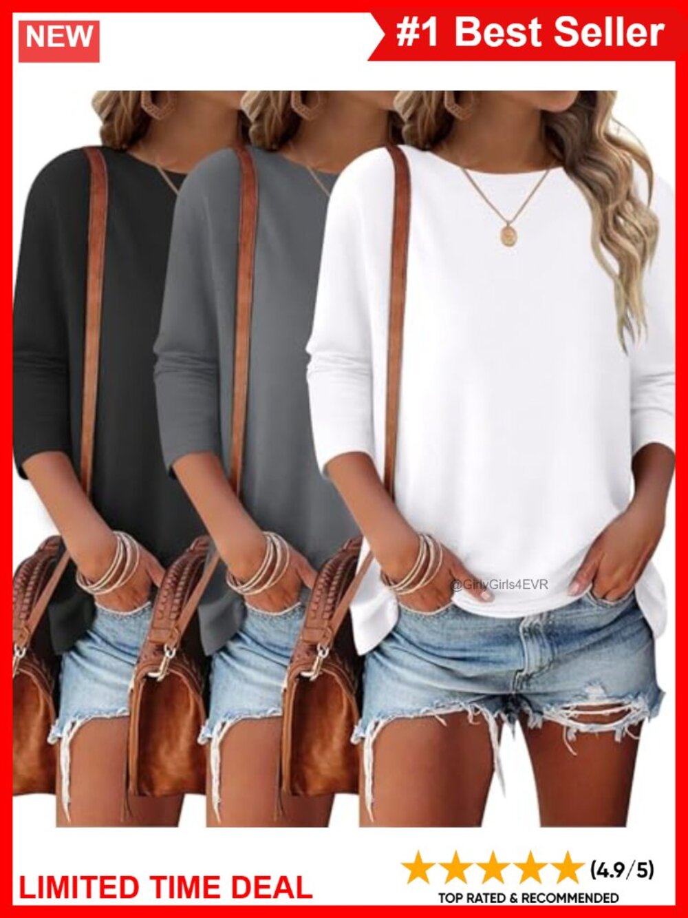 3 Pack Womens 3/4 Sleeve Tops Crewneck Basic Casual Tees